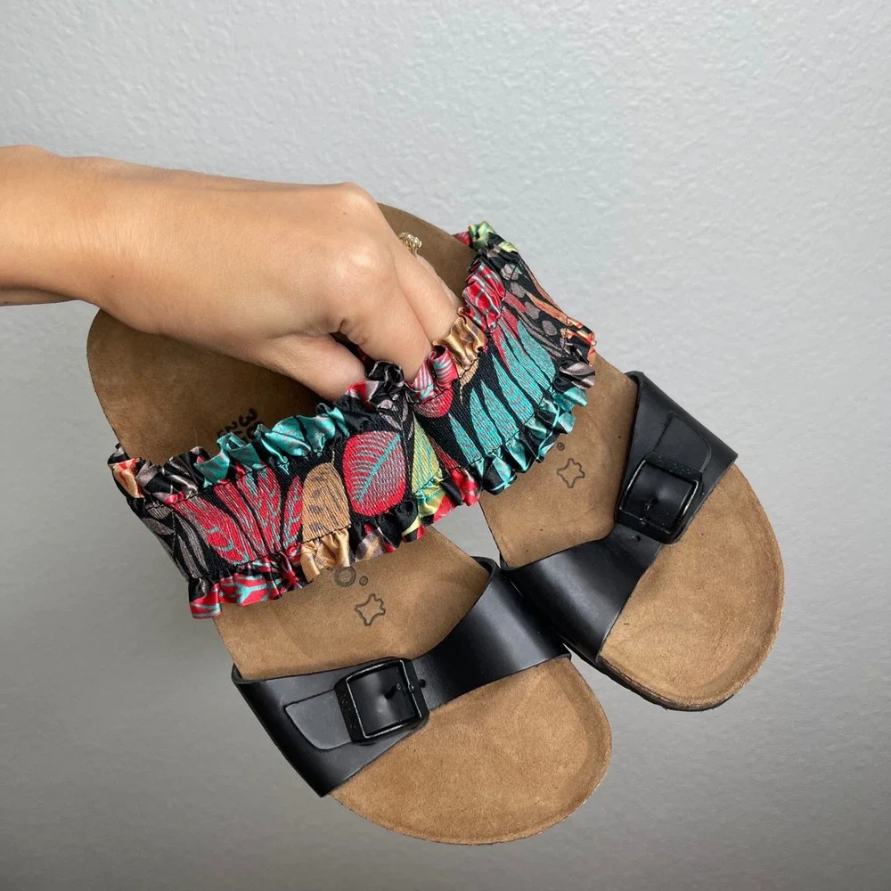 Papillio Birkenstock Black Tropical Floral Ruffle Cork Wedge Sandals Womens 38